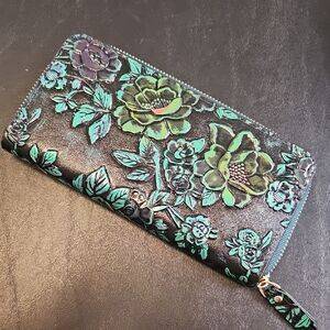 Floral Embossed Wallet - Black and Green Floral - New